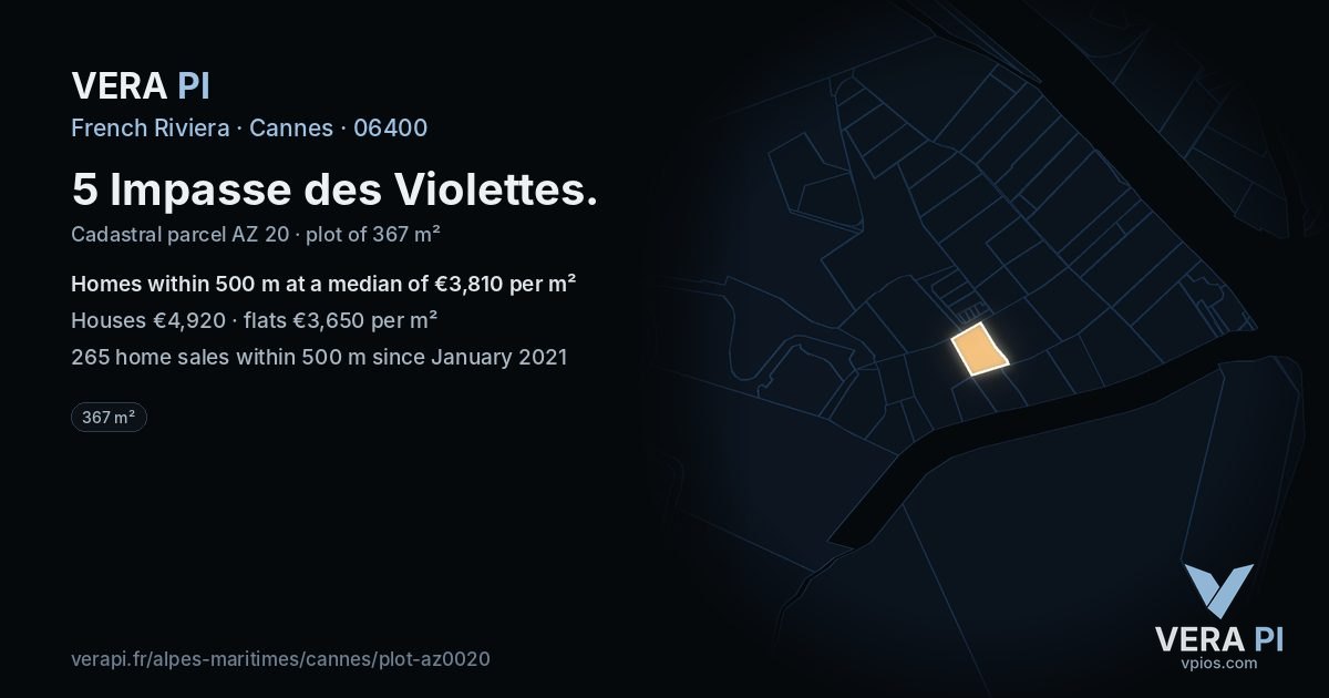 5 Impasse des Violettes, Cannes at night – the plot lit, the parcels around coloured by the prices near them