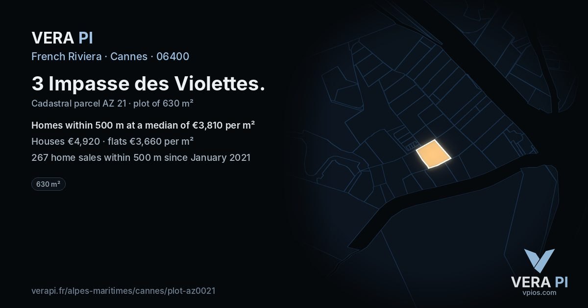 3 Impasse des Violettes, Cannes at night – the plot lit, the parcels around coloured by the prices near them