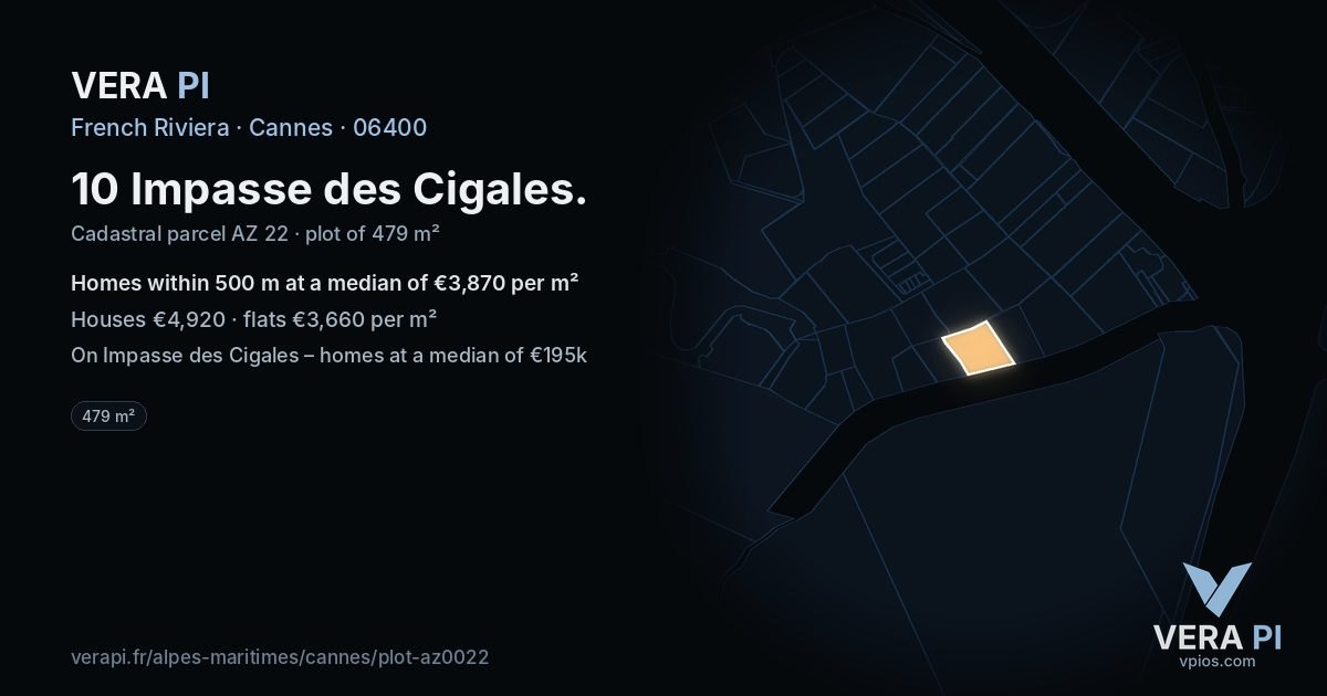 10 Impasse des Cigales, Cannes at night – the plot lit, the parcels around coloured by the prices near them