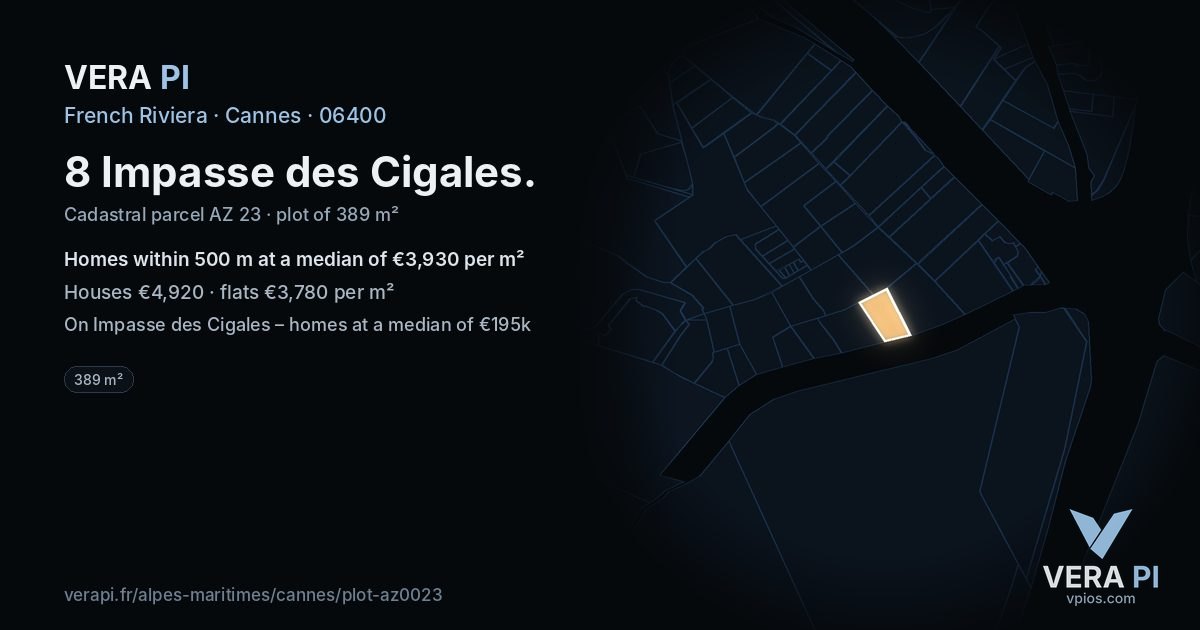 8 Impasse des Cigales, Cannes at night – the plot lit, the parcels around coloured by the prices near them