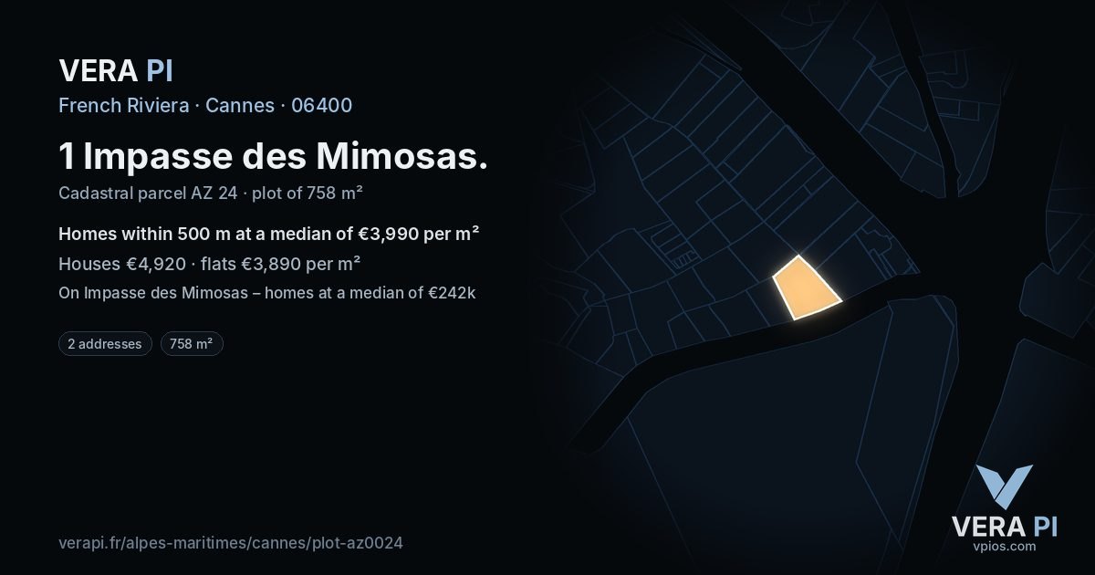 1 Impasse des Mimosas, Cannes at night – the plot lit, the parcels around coloured by the prices near them
