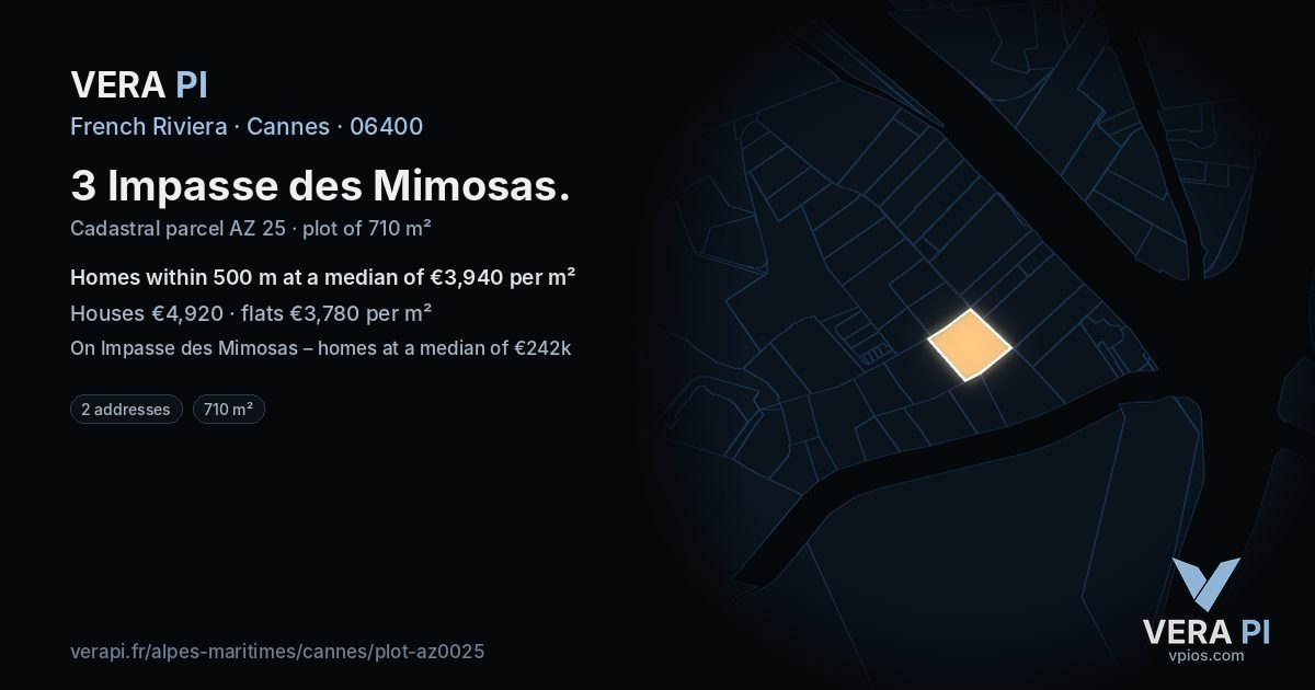 3 Impasse des Mimosas, Cannes at night – the plot lit, the parcels around coloured by the prices near them