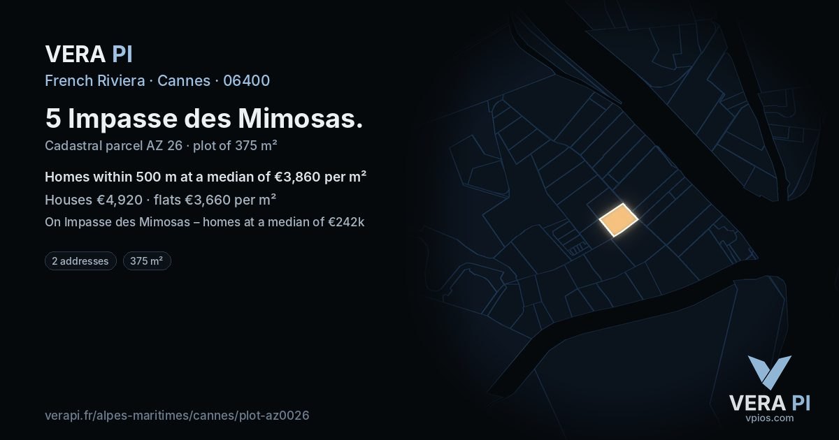 5 Impasse des Mimosas, Cannes at night – the plot lit, the parcels around coloured by the prices near them
