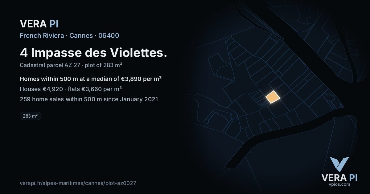 4 Impasse des Violettes, Cannes at night – the plot lit, the parcels around coloured by the prices near them