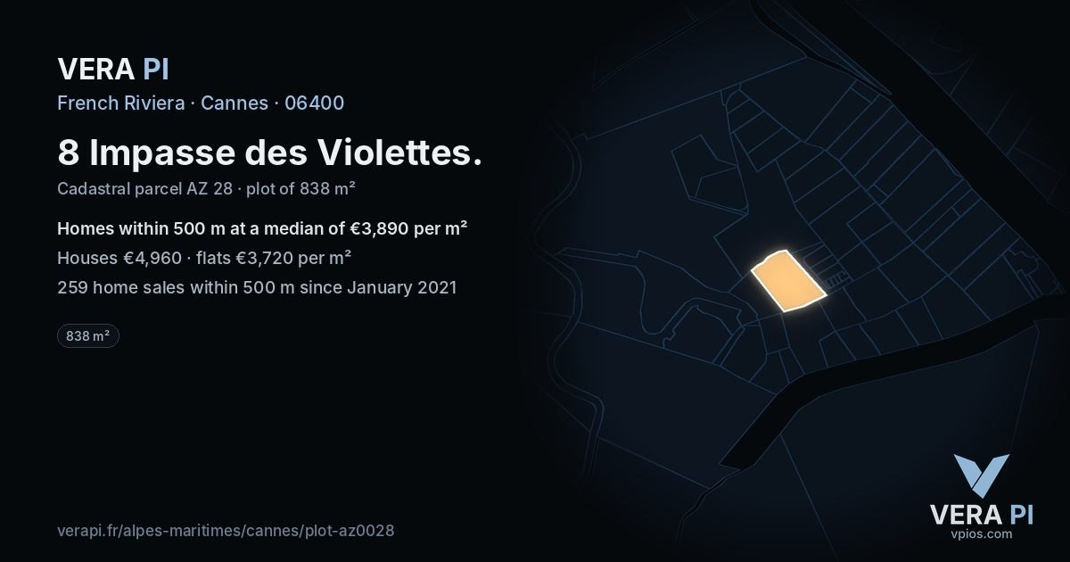 8 Impasse des Violettes, Cannes at night – the plot lit, the parcels around coloured by the prices near them