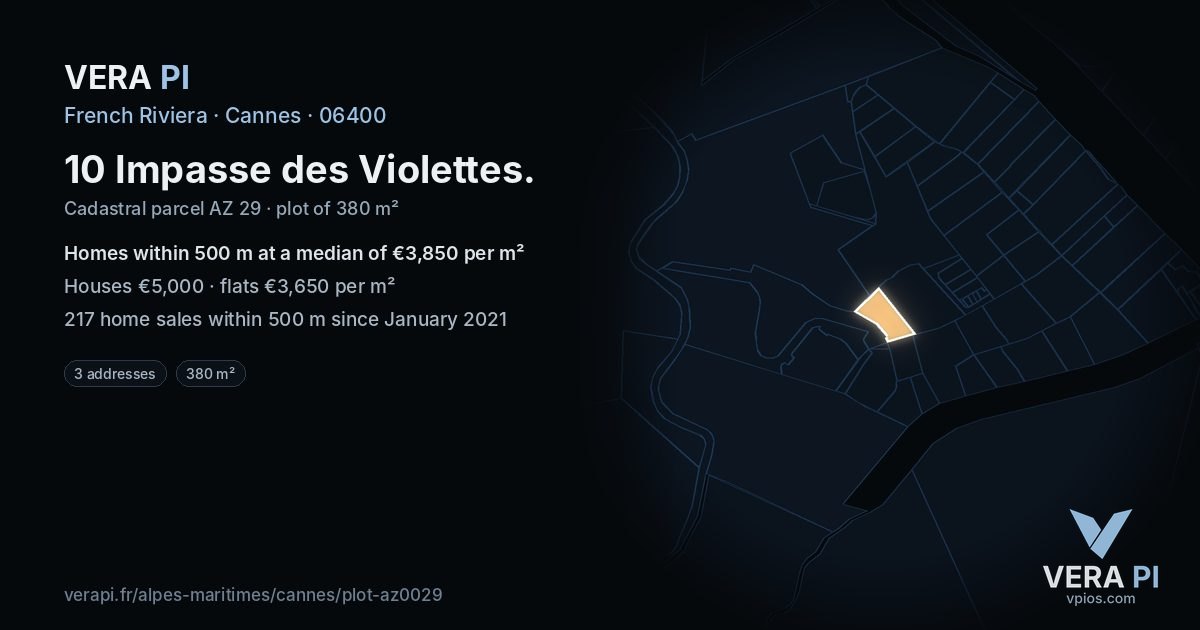 10 Impasse des Violettes, Cannes at night – the plot lit, the parcels around coloured by the prices near them