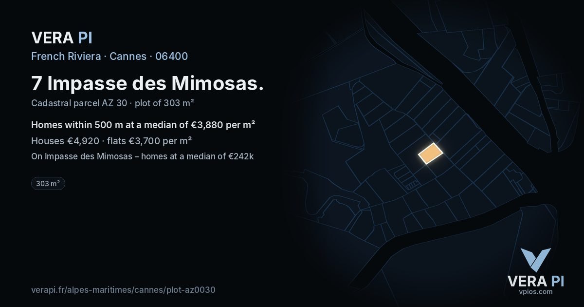 7 Impasse des Mimosas, Cannes at night – the plot lit, the parcels around coloured by the prices near them