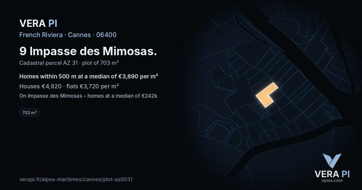 9 Impasse des Mimosas, Cannes at night – the plot lit, the parcels around coloured by the prices near them