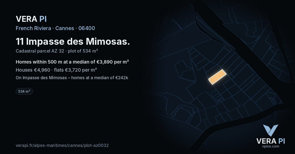 11 Impasse des Mimosas, Cannes at night – the plot lit, the parcels around coloured by the prices near them