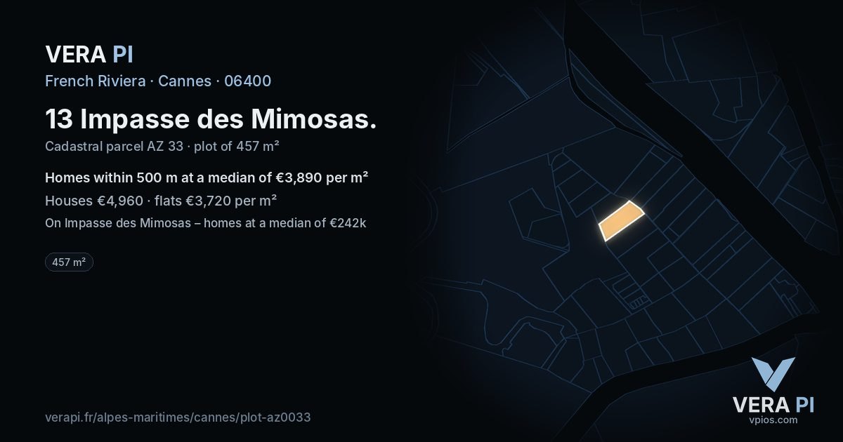 13 Impasse des Mimosas, Cannes at night – the plot lit, the parcels around coloured by the prices near them