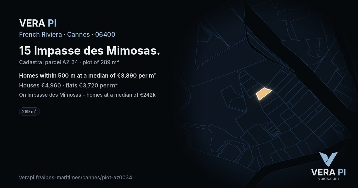 15 Impasse des Mimosas, Cannes at night – the plot lit, the parcels around coloured by the prices near them