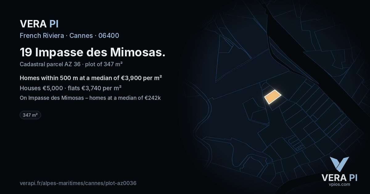 19 Impasse des Mimosas, Cannes at night – the plot lit, the parcels around coloured by the prices near them