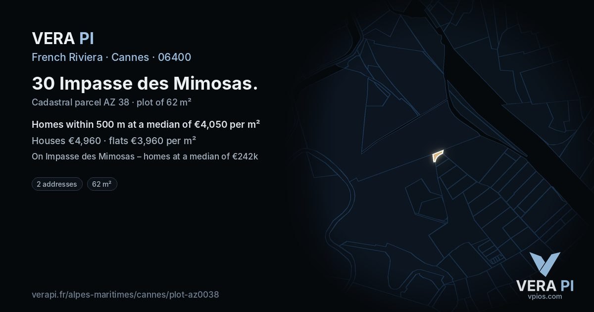 30 Impasse des Mimosas, Cannes at night – the plot lit, the parcels around coloured by the prices near them