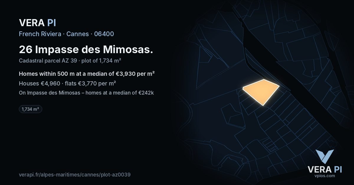 26 Impasse des Mimosas, Cannes at night – the plot lit, the parcels around coloured by the prices near them