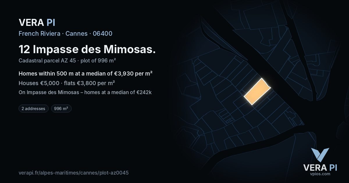 12 Impasse des Mimosas, Cannes at night – the plot lit, the parcels around coloured by the prices near them