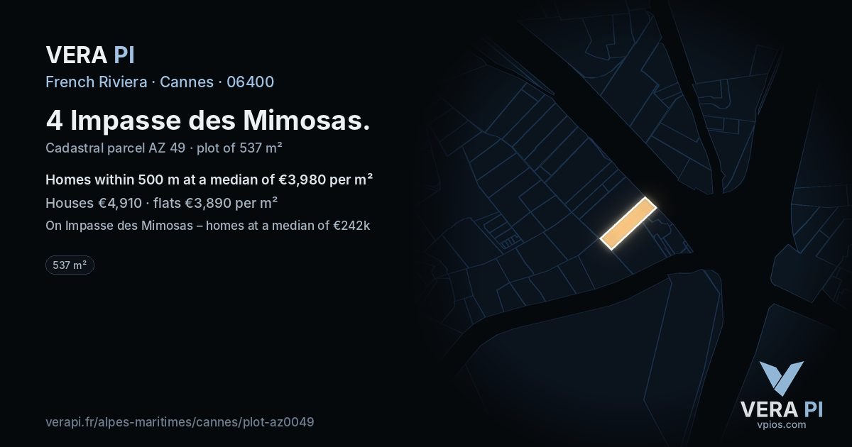 4 Impasse des Mimosas, Cannes at night – the plot lit, the parcels around coloured by the prices near them