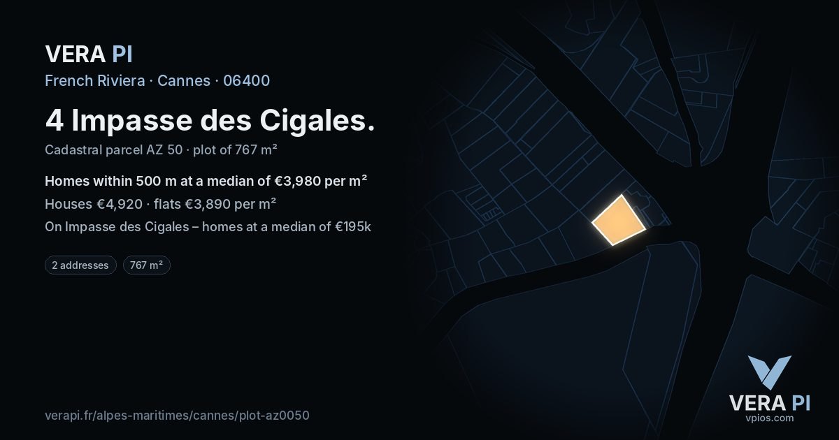 4 Impasse des Cigales, Cannes at night – the plot lit, the parcels around coloured by the prices near them
