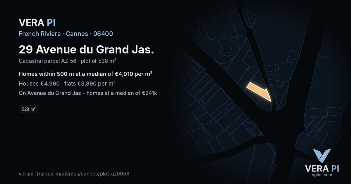 29 Avenue du Grand Jas, Cannes at night – the plot lit, the parcels around coloured by the prices near them