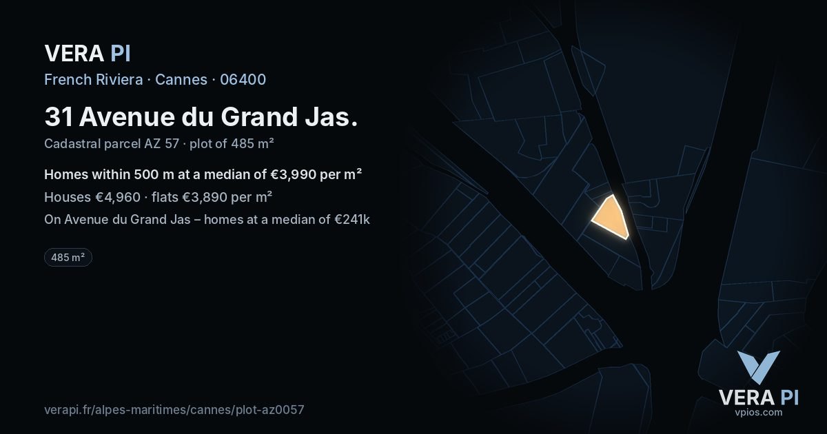 31 Avenue du Grand Jas, Cannes at night – the plot lit, the parcels around coloured by the prices near them