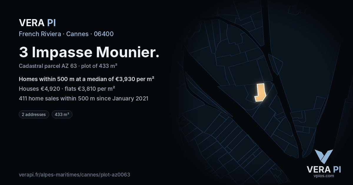 3 Impasse Mounier, Cannes at night – the plot lit, the parcels around coloured by the prices near them