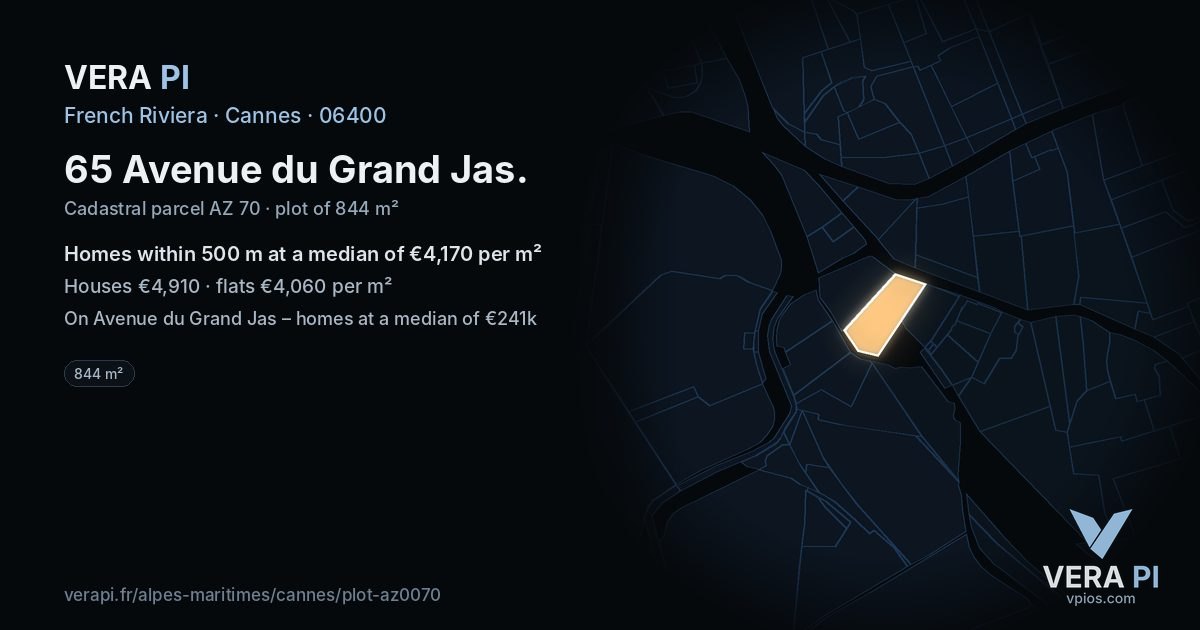 65 Avenue du Grand Jas, Cannes at night – the plot lit, the parcels around coloured by the prices near them
