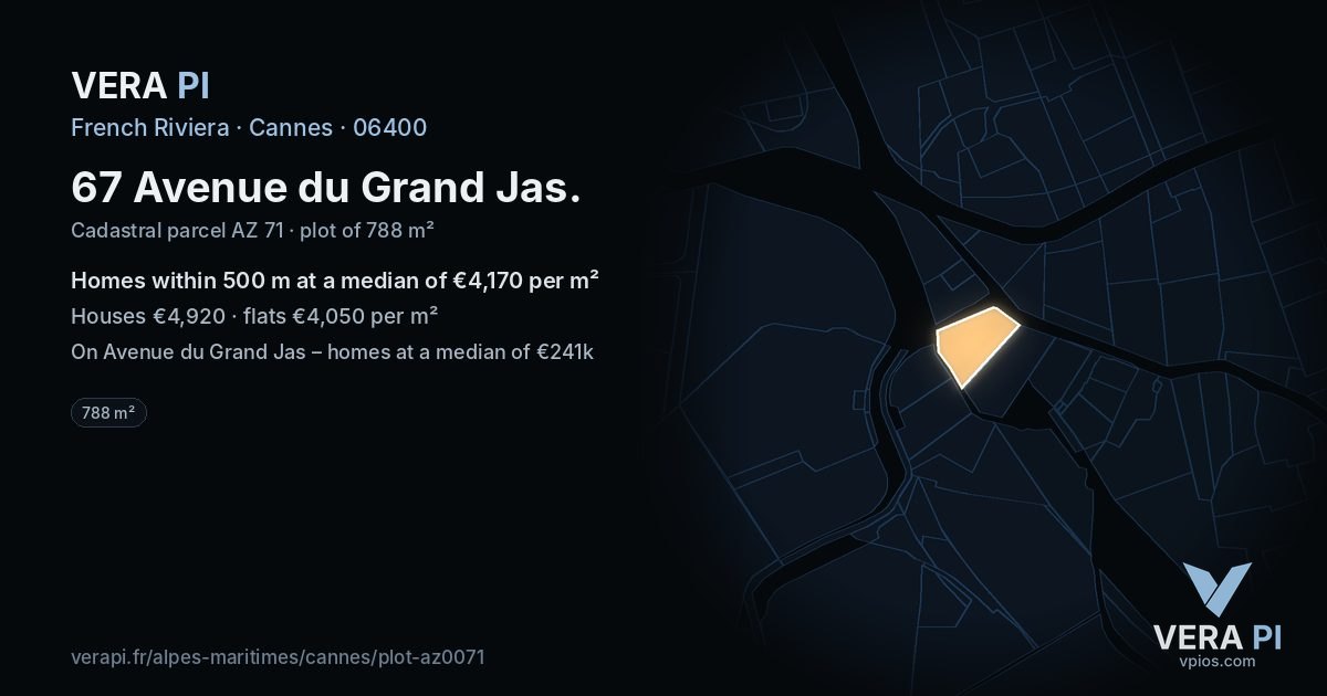 67 Avenue du Grand Jas, Cannes at night – the plot lit, the parcels around coloured by the prices near them