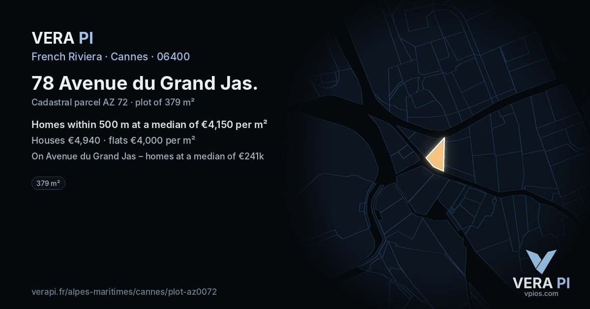 78 Avenue du Grand Jas, Cannes at night – the plot lit, the parcels around coloured by the prices near them