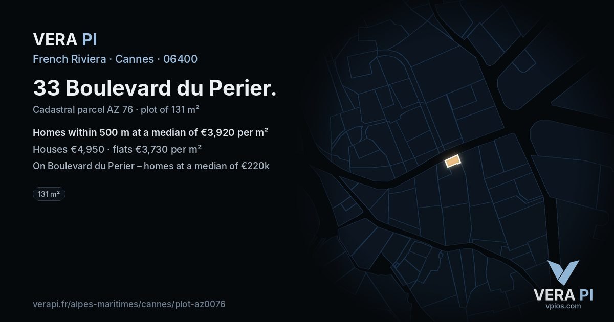 33 Boulevard du Perier, Cannes at night – the plot lit, the parcels around coloured by the prices near them