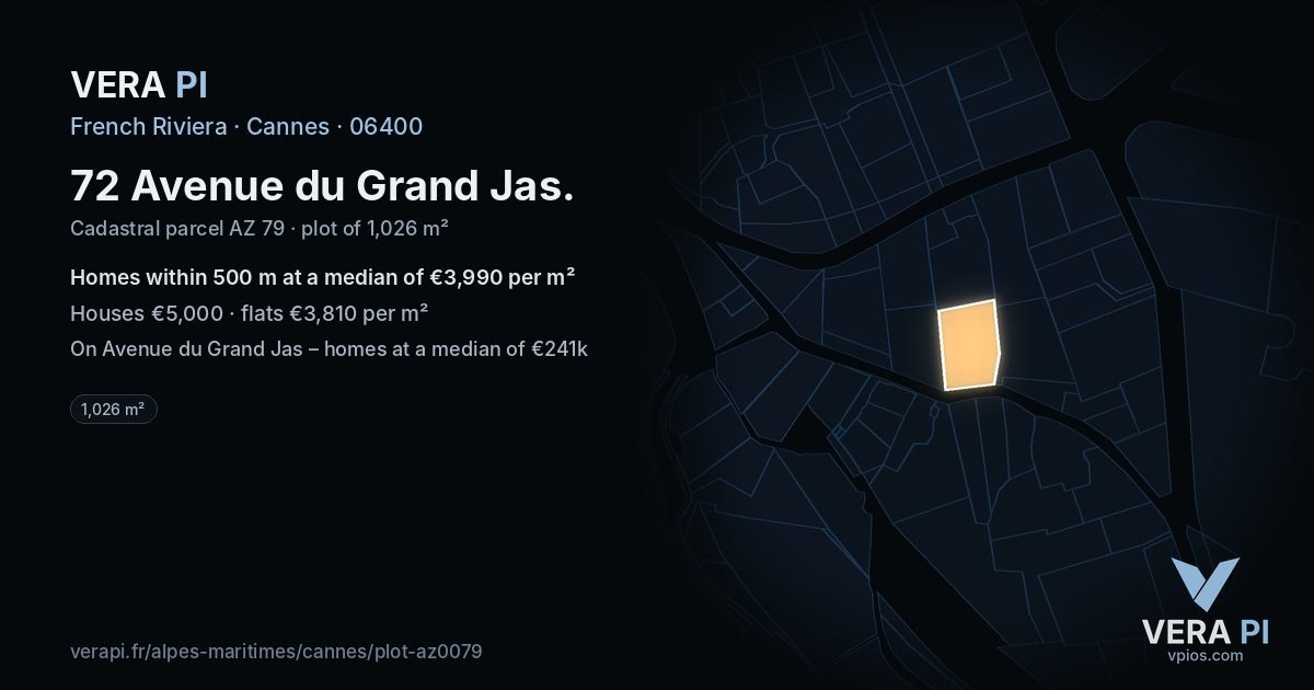 72 Avenue du Grand Jas, Cannes at night – the plot lit, the parcels around coloured by the prices near them