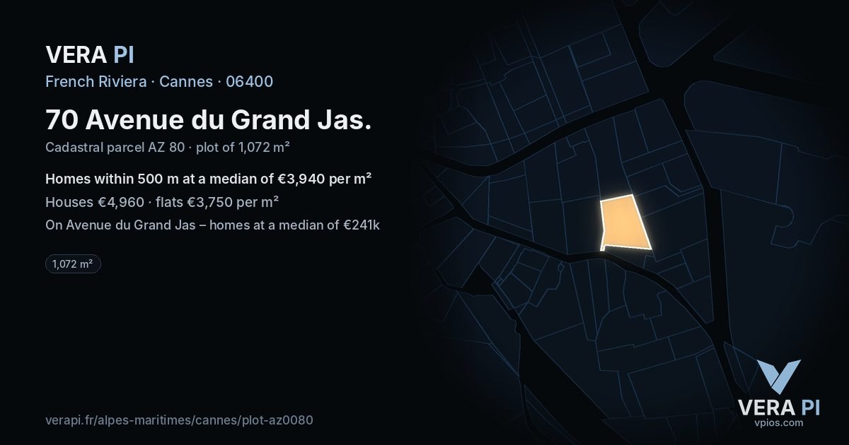 70 Avenue du Grand Jas, Cannes at night – the plot lit, the parcels around coloured by the prices near them