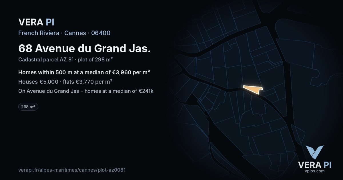 68 Avenue du Grand Jas, Cannes at night – the plot lit, the parcels around coloured by the prices near them