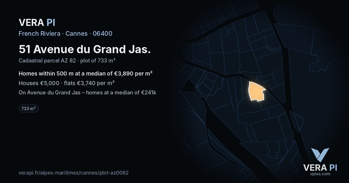 51 Avenue du Grand Jas, Cannes at night – the plot lit, the parcels around coloured by the prices near them