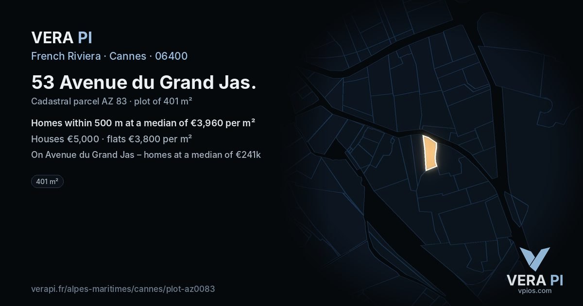 53 Avenue du Grand Jas, Cannes at night – the plot lit, the parcels around coloured by the prices near them