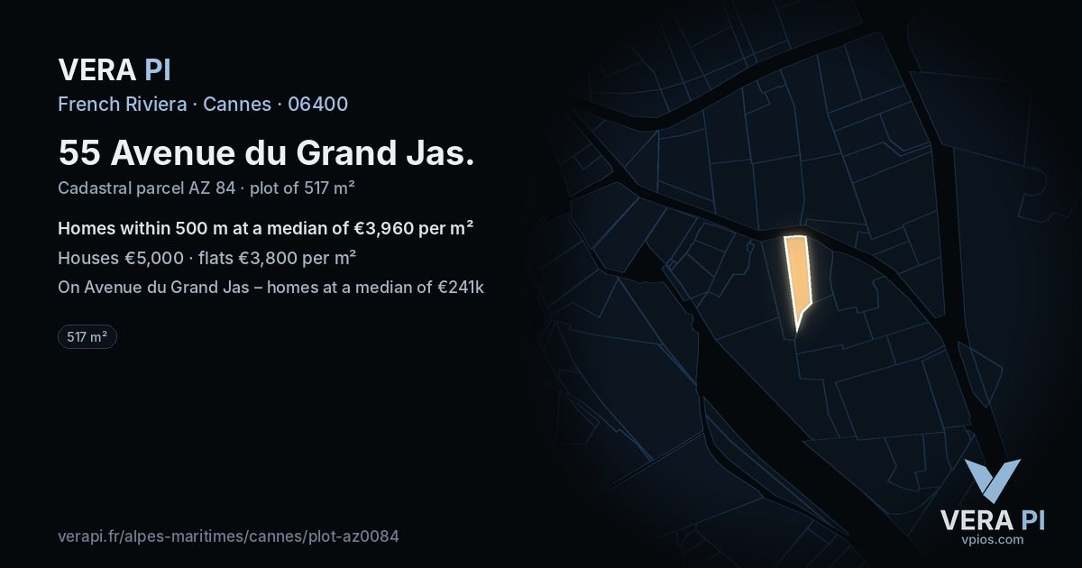 55 Avenue du Grand Jas, Cannes at night – the plot lit, the parcels around coloured by the prices near them
