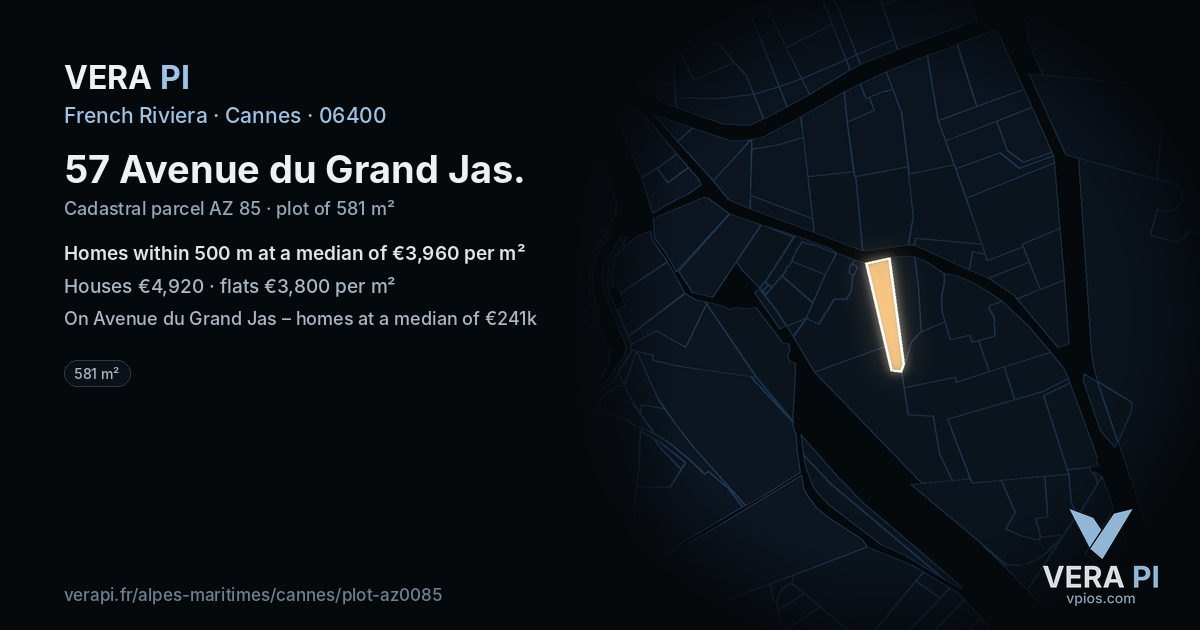 57 Avenue du Grand Jas, Cannes at night – the plot lit, the parcels around coloured by the prices near them
