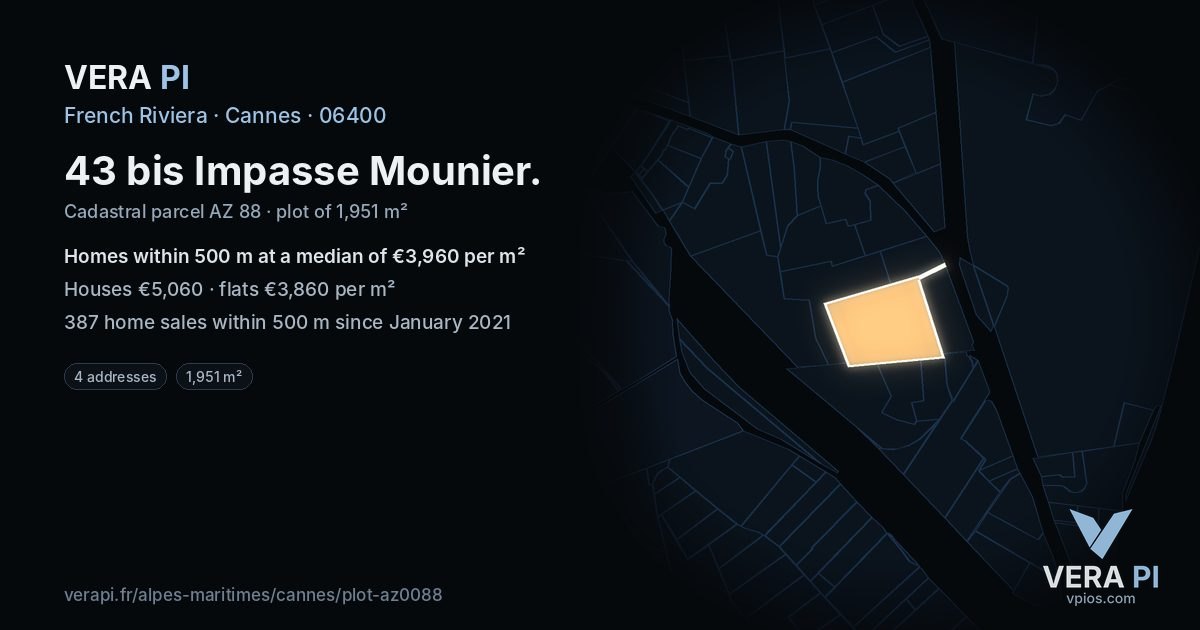 43 bis Impasse Mounier, Cannes at night – the plot lit, the parcels around coloured by the prices near them