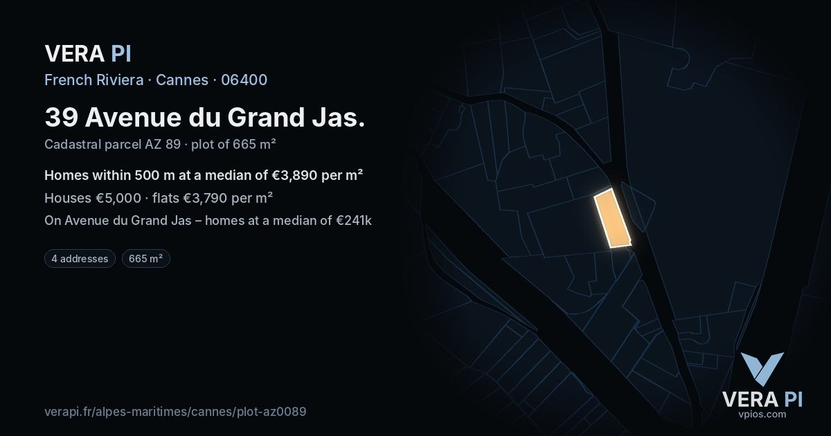 39 Avenue du Grand Jas, Cannes at night – the plot lit, the parcels around coloured by the prices near them