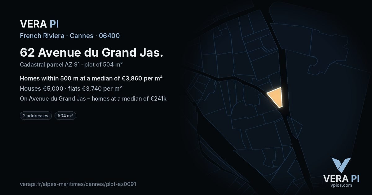 62 Avenue du Grand Jas, Cannes at night – the plot lit, the parcels around coloured by the prices near them