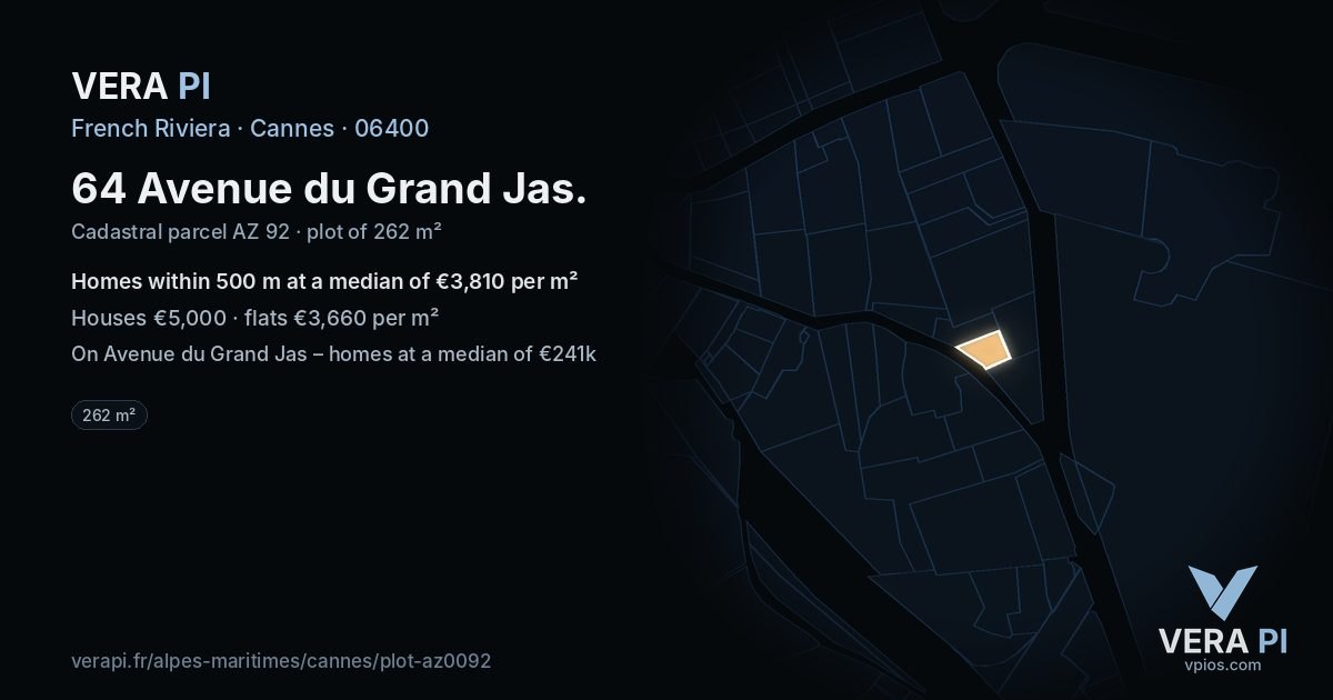 64 Avenue du Grand Jas, Cannes at night – the plot lit, the parcels around coloured by the prices near them