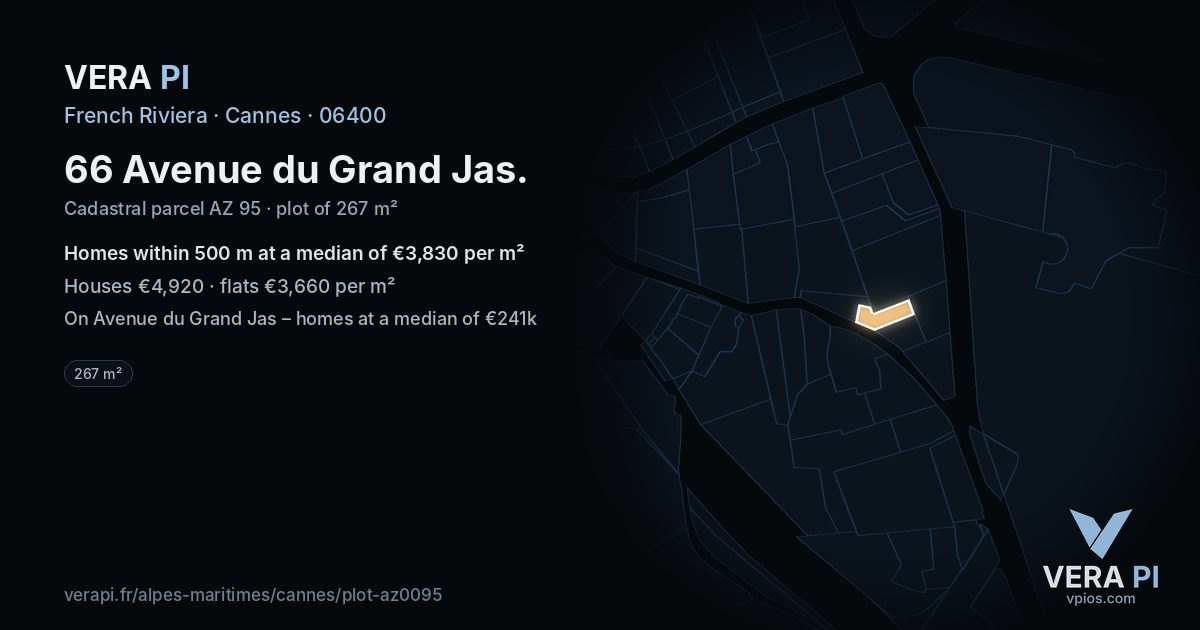 66 Avenue du Grand Jas, Cannes at night – the plot lit, the parcels around coloured by the prices near them