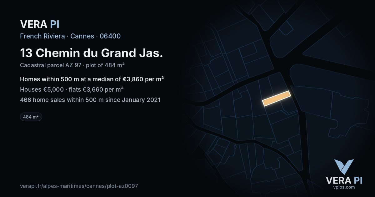 13 Chemin du Grand Jas, Cannes at night – the plot lit, the parcels around coloured by the prices near them