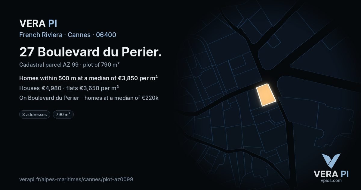 27 Boulevard du Perier, Cannes at night – the plot lit, the parcels around coloured by the prices near them