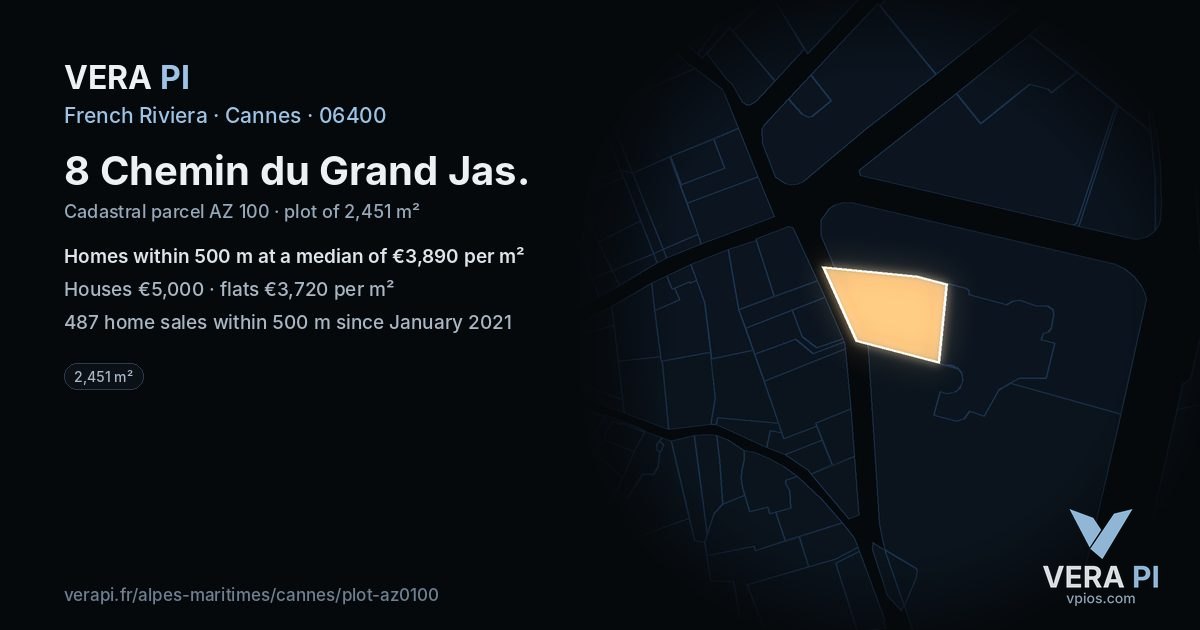 8 Chemin du Grand Jas, Cannes at night – the plot lit, the parcels around coloured by the prices near them