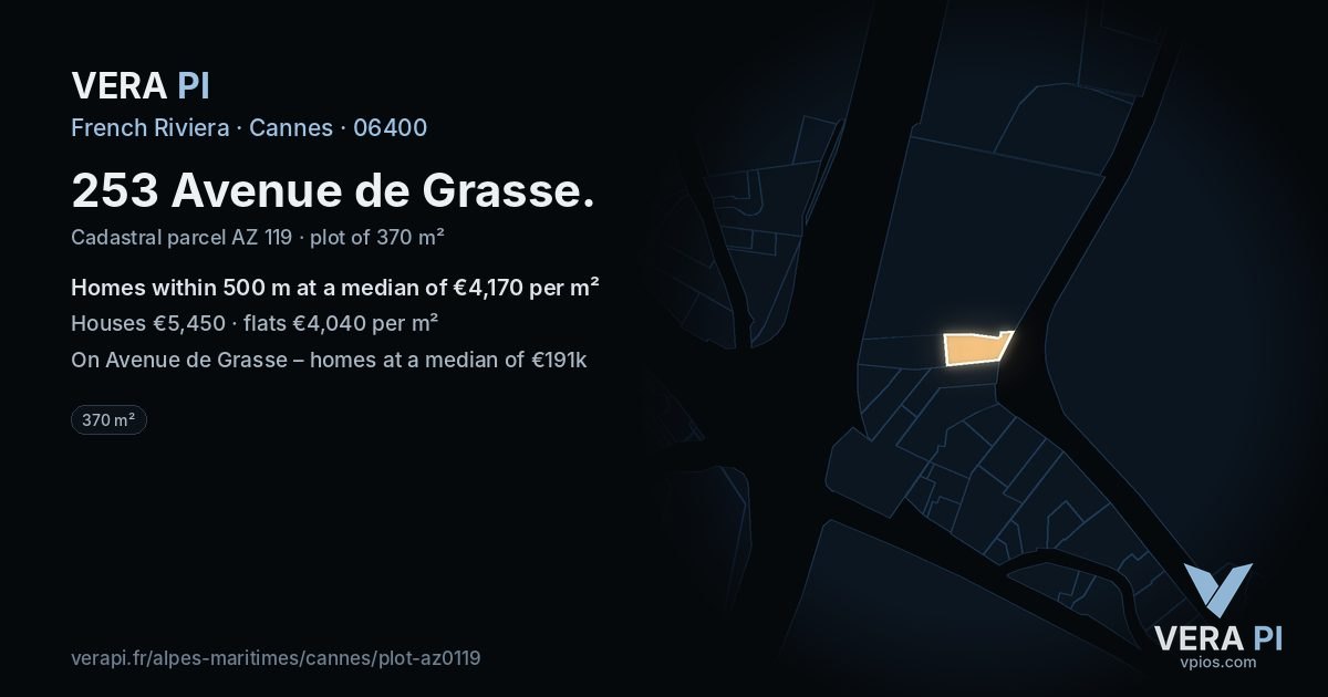 253 Avenue de Grasse, Cannes at night – the plot lit, the parcels around coloured by the prices near them