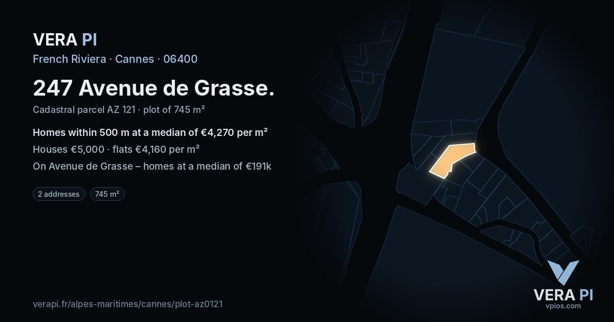 247 Avenue de Grasse, Cannes at night – the plot lit, the parcels around coloured by the prices near them