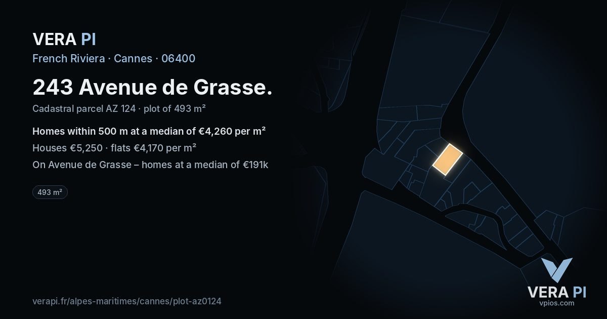 243 Avenue de Grasse, Cannes at night – the plot lit, the parcels around coloured by the prices near them