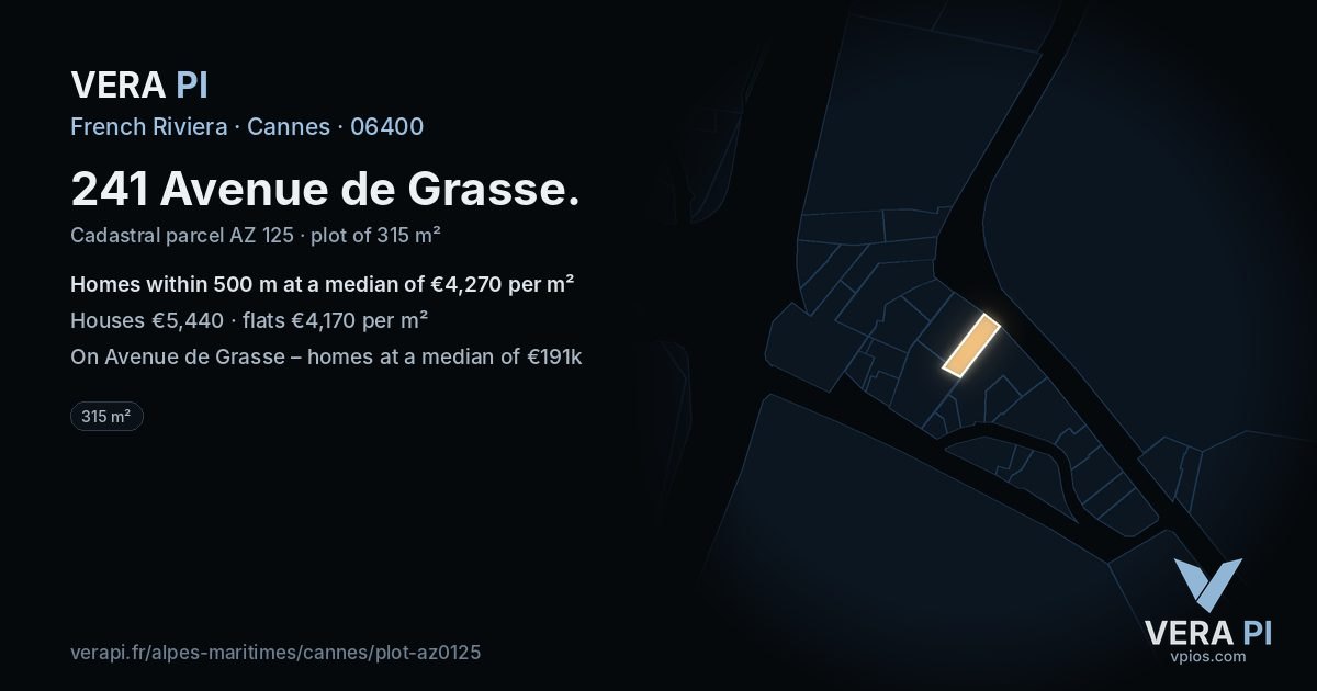 241 Avenue de Grasse, Cannes at night – the plot lit, the parcels around coloured by the prices near them