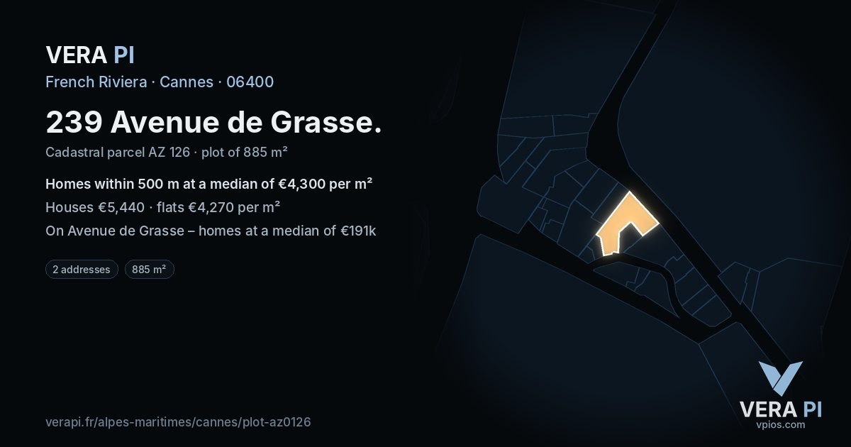 239 Avenue de Grasse, Cannes at night – the plot lit, the parcels around coloured by the prices near them
