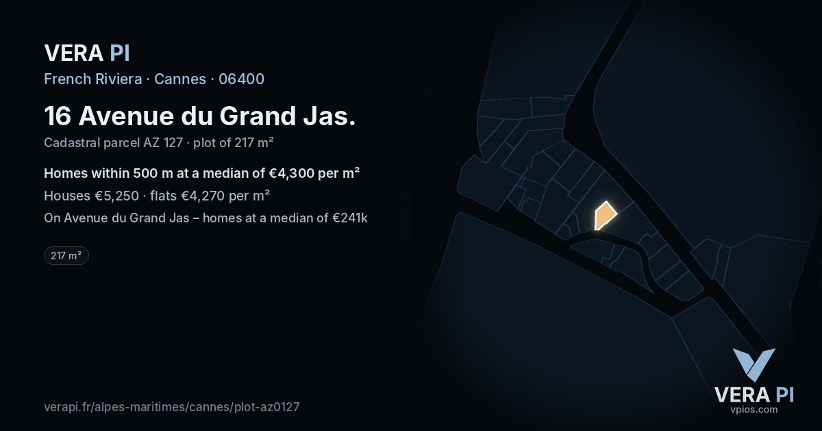16 Avenue du Grand Jas, Cannes at night – the plot lit, the parcels around coloured by the prices near them