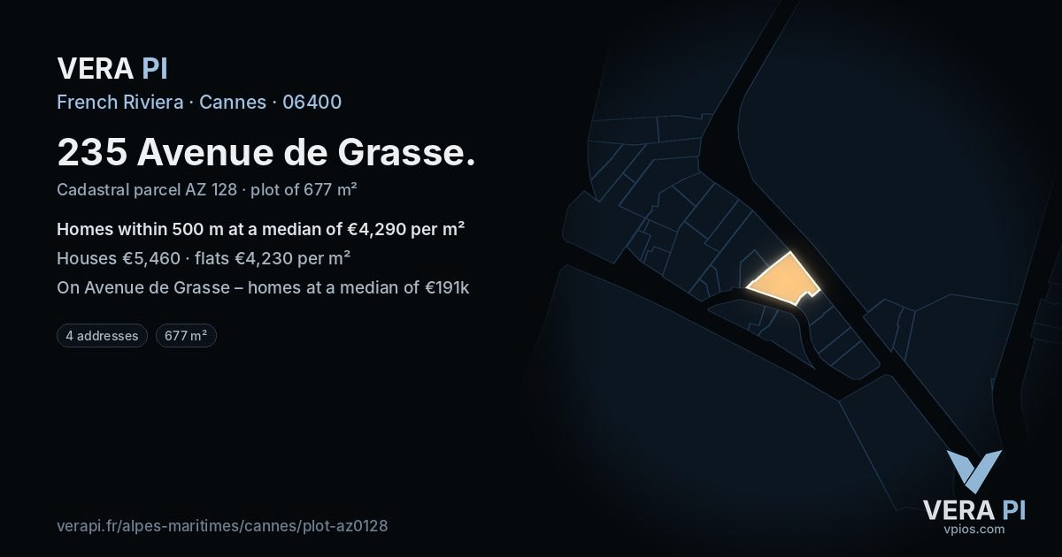 235 Avenue de Grasse, Cannes at night – the plot lit, the parcels around coloured by the prices near them